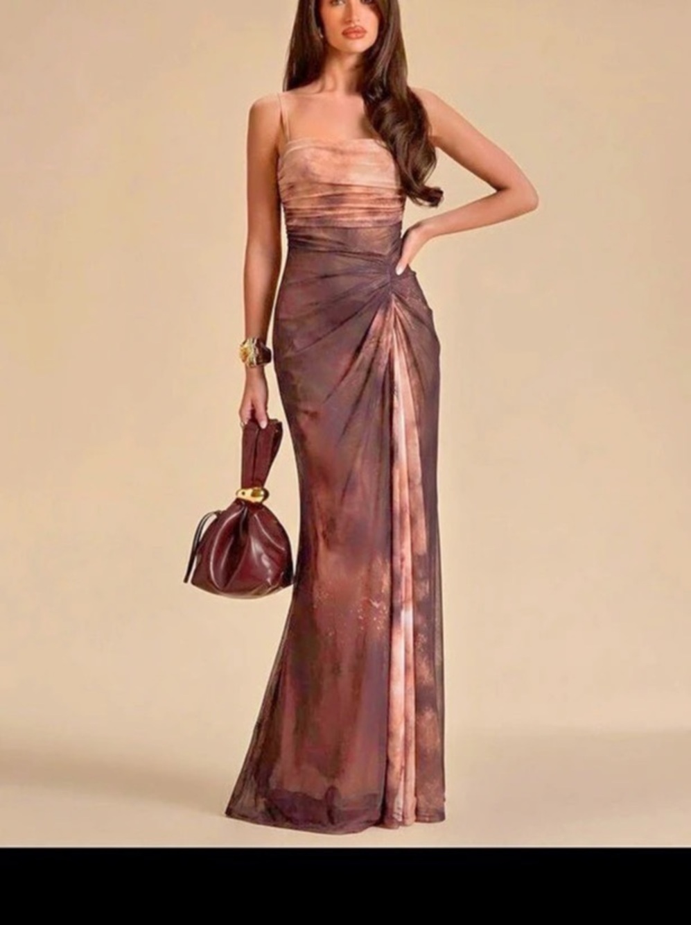 Luxe Brown Tie Dye Party Formal Evening Gown Dress